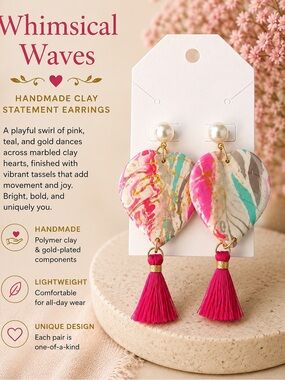 Whimsical Waves Pink & Teal Heart Tassel Earrings